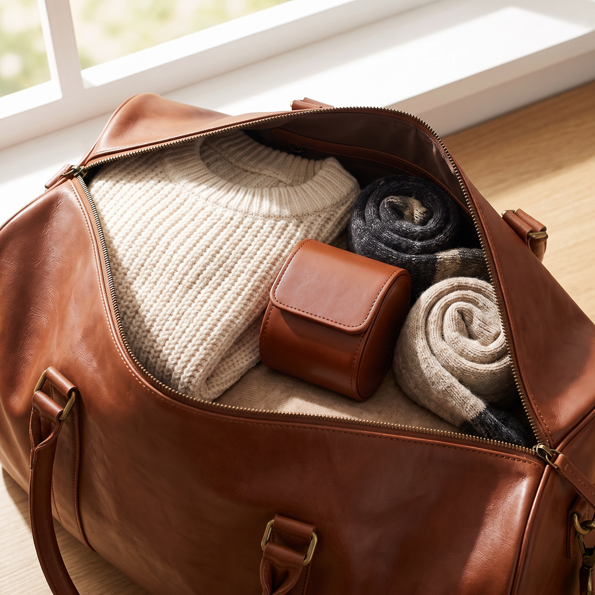 Étui de voyage Escale cognac fermé, glissé entre des pulls dans un sac de voyage en cuir