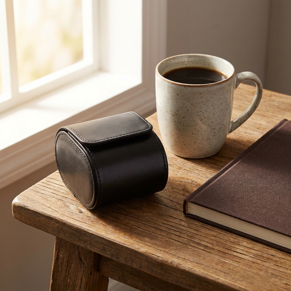 Étui de voyage Escale noir fermé, posé sur un bureau en bois à côté d’un mug et d’un carnet
