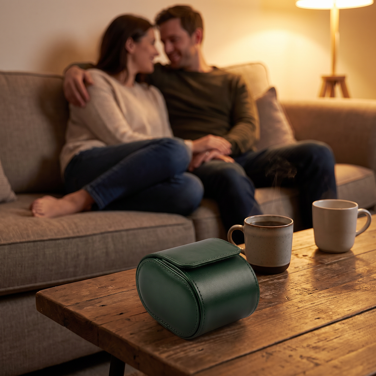 Étui de voyage Escale vert foncé fermé sur une table basse, avec un couple installé sur le canapé en arrière-plan