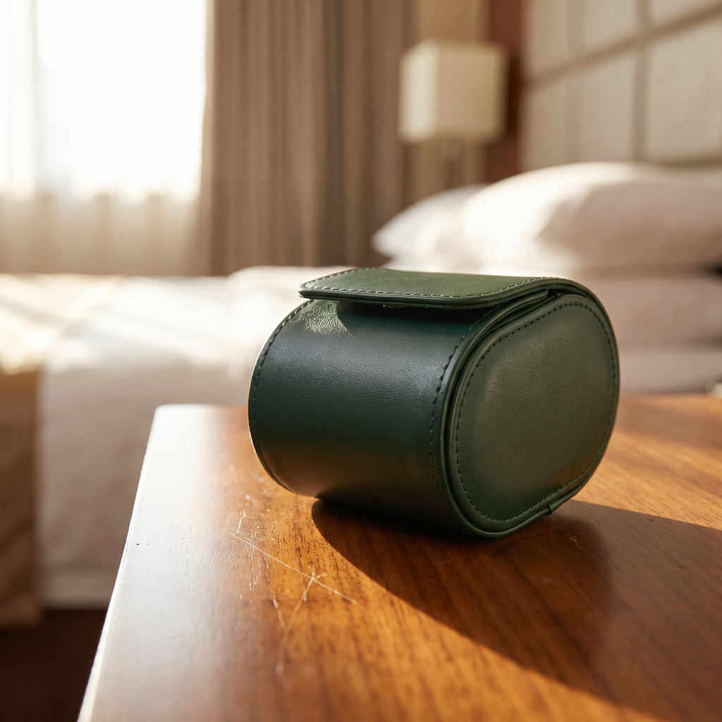 Étui de voyage Escale vert foncé fermé, posé sur une table de chevet dans une chambre d’hôtel