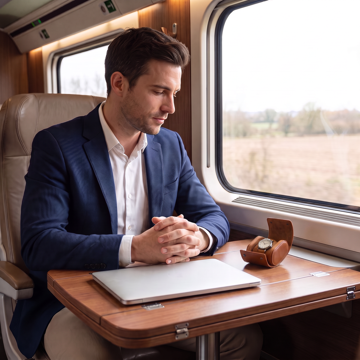 Un homme élégant assis dans un train regarde la montre dans l’étui de voyage Escale ouvert, posé sur la tablette près d’un ordinateur portable