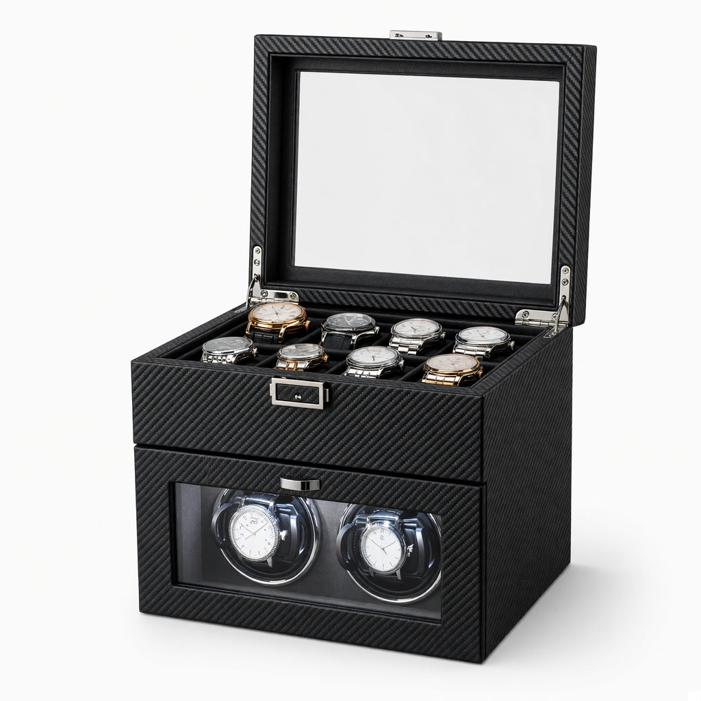 Remontoir Consulat carbone ouvert : couvercle vitré, simili-cuir effet carbone, huit montres en rangement