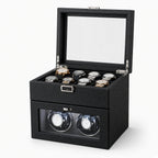 Remontoir Consulat carbone ouvert : couvercle vitré, simili-cuir effet carbone, huit montres en rangement