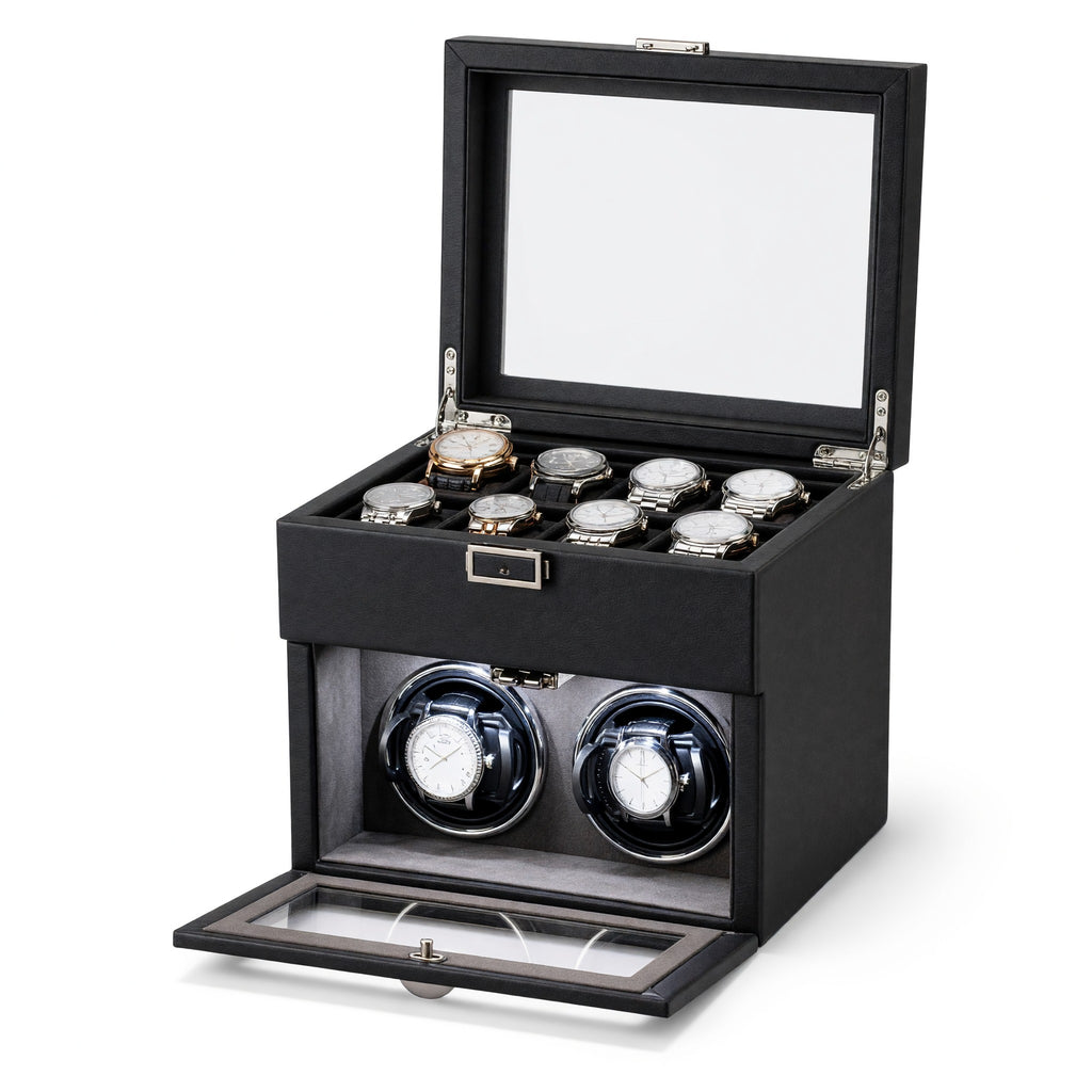 Remontoir Consulat noir ouvert : couvercle vitré, huit montres en rangement et deux en rotation